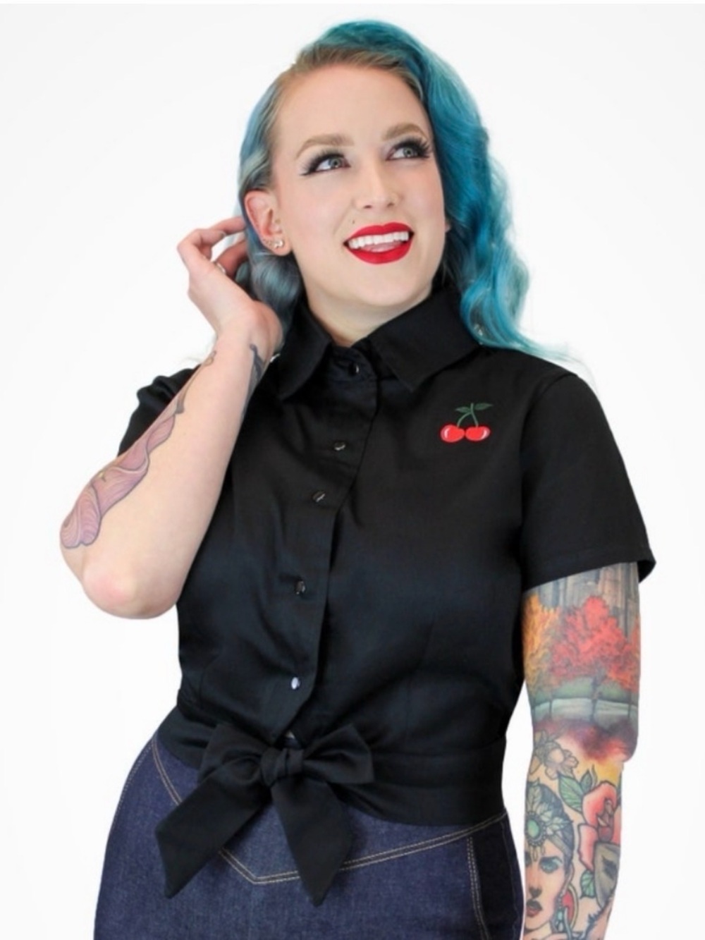 Hemet rockabilly Black Cherry Embroidered Tie-Front Button Shirt